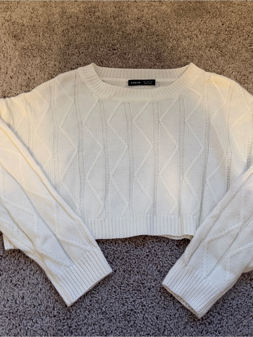 SHEIN Cream Cable-Knit Cropped Crew Sweater